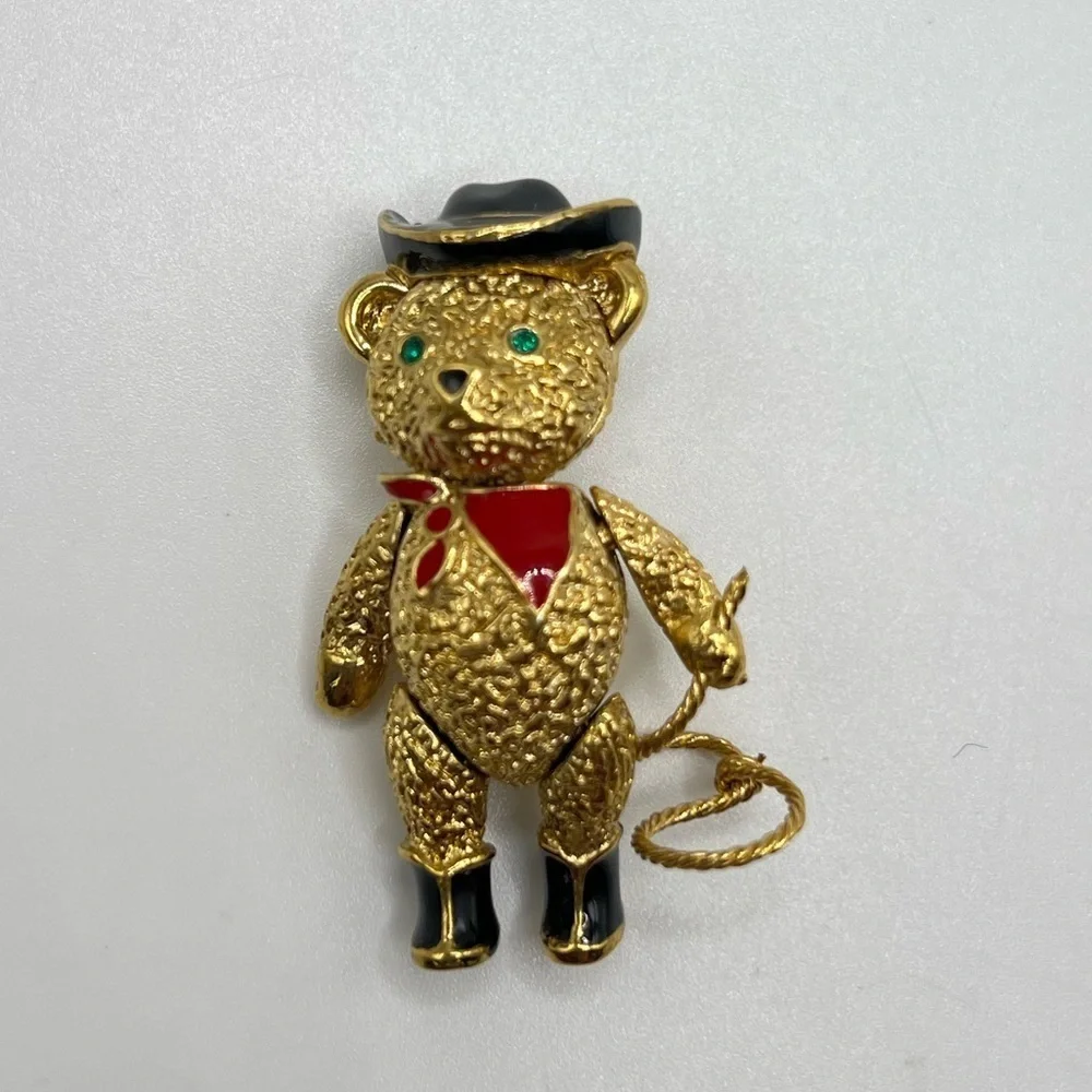 Vintage BATVA Articulated Teddy Bear Cowboy Brooch Pendant